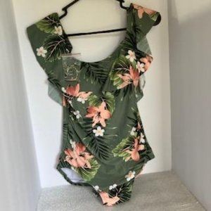 Kona Sol Swimsuit Hawaiian Ruffled Floral Layered Padded Adj Straps Size M 8-10